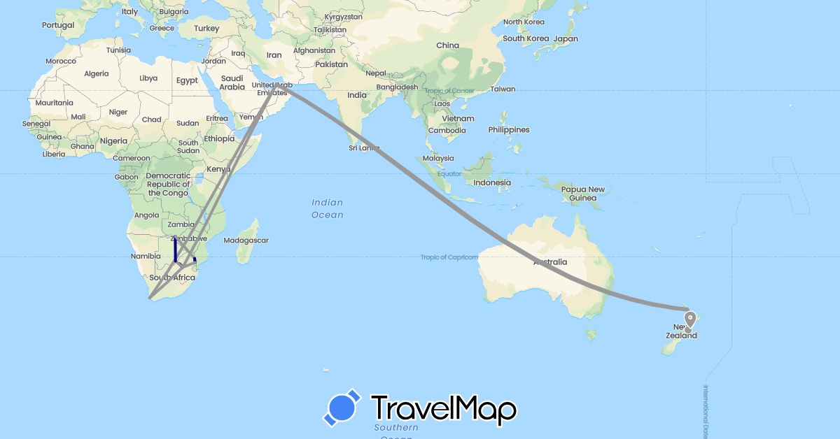 TravelMap itinerary: driving, plane in United Arab Emirates, Botswana, New Zealand, South Africa, Zambia (Africa, Asia, Oceania)